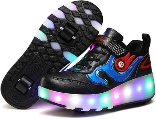 Led Rullskridskoskor Med Dubbla Hjul För Flickor Pojkar 7 Färger Usb-uppladdningsbara Inline Infällbara Tekniska Skateboardskor Utomhus Sport Crosstrainers, Black, 37 EU