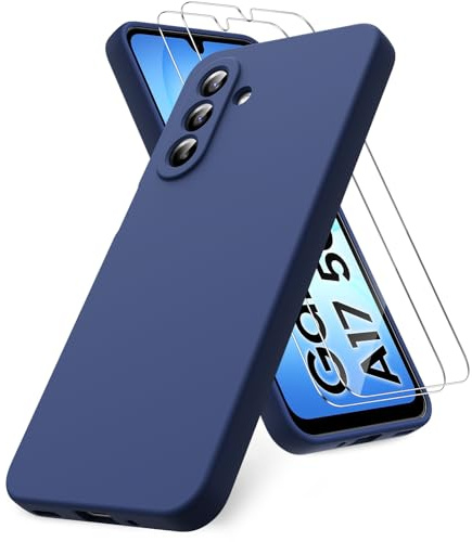 Vansdon Coque Compatible avec Samsung Galaxy A17 4G/5G, Bleu Nuit | 2 Film de Protection en Verre trempé, Housse Souple en TPU en Silicone Liquide, Housse en Caoutchouc Antichoc