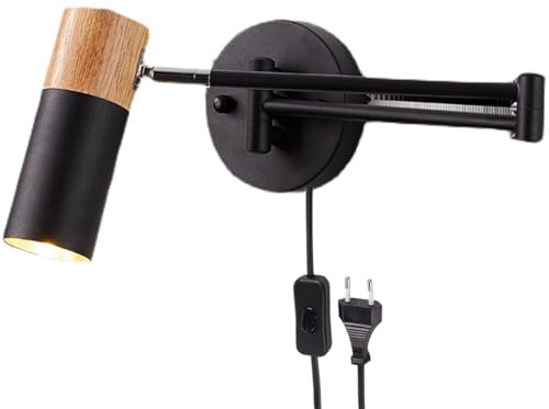 YNDD Wandlampe mit Kabel, Schwenkarm Wandleuchte Schwarz Vintage mit Schalter, 3 Farben Metall Wandbeleuchtung Innen justierbare Holzarmaturen für Wohnzimmer Büros Schlafzimmer