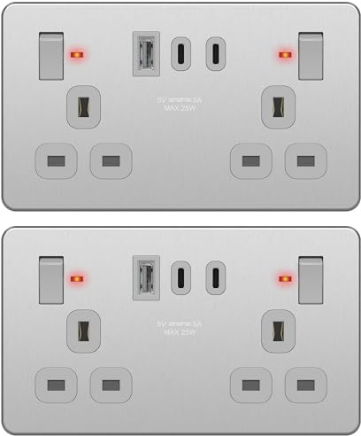 LIDER 2-Gang Switched 13A Socket with USB TYPE C & A Ports, LED Power Indicator, Always-On USB Port, 25W Combined Output, UKCA Certified, Child Safe, Stainless Steel, 2 Pack (Use a 35mm-deep back box)