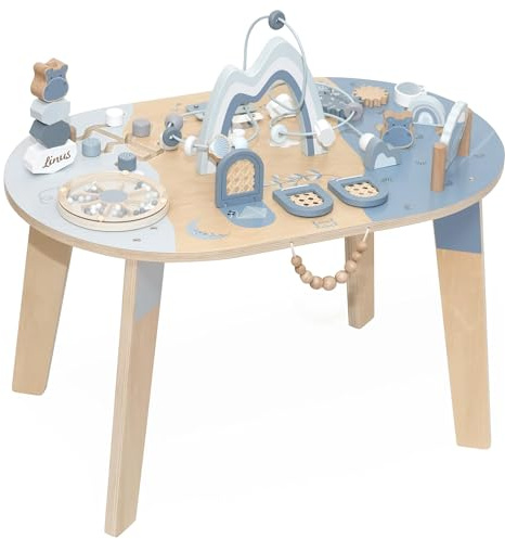 Spieltisch ab 1 Jahr aus Holz personalisiert – 2in1 Motorikspielzeug & Motorikwürfel – Montessori Lernspielzeug Baby – Steckspiel & Aktivitätstisch – Holzspielzeug ab 12 Monate Junge & Mädchen Blau