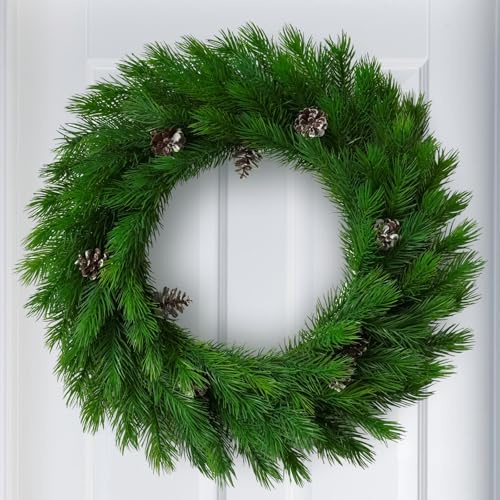 IPLNTS 18 Inch Christmas Wreath for Front Door, Plain Plastic Pine Garland with Pine Cones for Walls Windows Porches Indoor Outdoor Home Decor