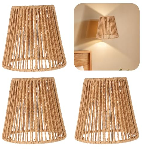 3 Stücke Boho Rattan Lampenschirm, E27 Naturales Rattan Lampenschirme, Papierseil Geflochten, Ø 14cm Pendelleuchtenschirm für Tischlampe, Hängelampe, Stehlampe, Deckenlampe, Hängend Korb Laterne