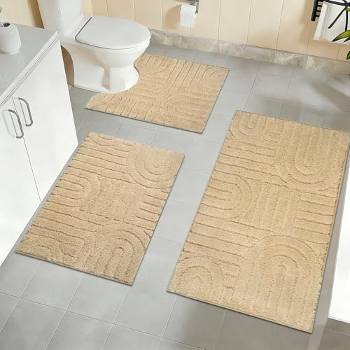 Homcomodar Badezimmerteppich Set 3 Weicher Mikrofaser Badematte rutschfest Badteppich Waschbar Badematte Wasserabsorbierend und U-Form Bad Toilette für Dusche, WC & Badewanne(Beige)