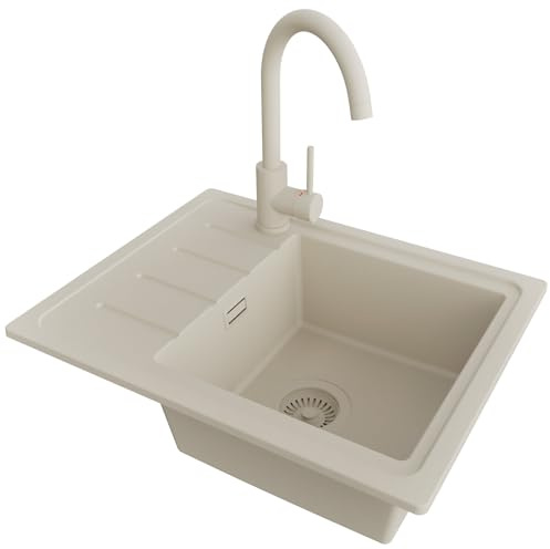 PRIMAGRAN Fregadero Granito al Mueble 45cm + Grifo, 55x44cm | Set: Grifo BW5010 + Kit de desagüe (sifón, válvula, rebosadero) + Copenhague Easy 1 Seno para Cocina, Todo Beige