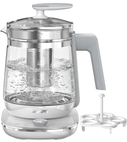ICOOKPOT 1200w Electric Kettle, 1.5L Borosilicate Glass tea kettle, Hot water kettle electric for Coffee or Tea, BPA Free, Auto Shut-Off, Stainless Steel, Fast Boil, White