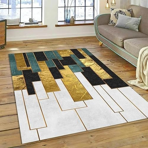 AUWUUA - Modern geometrisk tvättbar vardagsrumsmatta (120 x 210 cm), tunn, halkfri, mjuk, för sovrum, grön, svart och guld, för matsal, kök och kontor