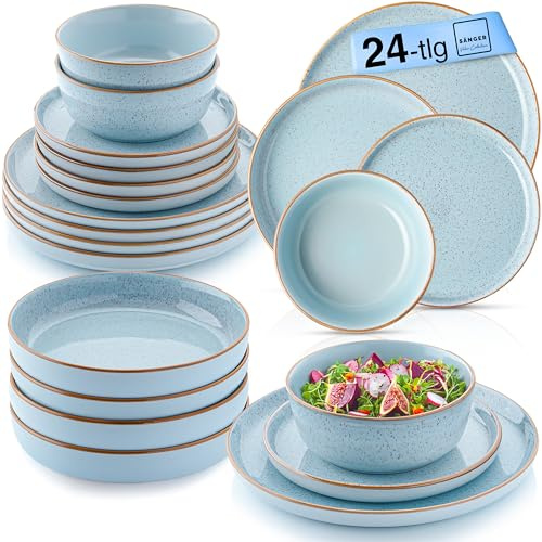 SÄNGER Rio Lagune Tafelservice 24 teilig, Steingut Geschirr Set | 6 Personen, 6x Teller 6x Frühstücksteller 6x Tiefe Teller 6x Pastaschalen Geschirrset und Schale, blau