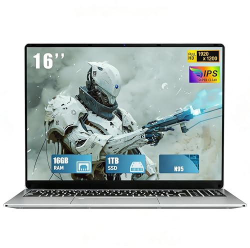 FUNYET 2026 Ordenador Portátil 16'' RAM 16GB M.2 SSD 1TB Expansión 1TB Portátil 4 Cores Celeron N95 hasta 3.4 GHz Win 11 Pro Laptop FHD 1920×1200 USB 3.0 BT 5.0 WiFi 5 HDMI Teclado Retroiluminado