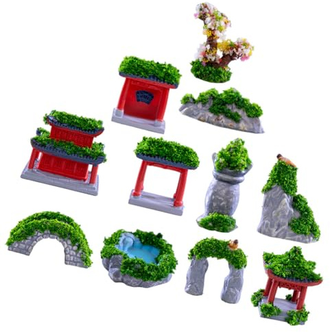 11pcs Chinese Style Resin Miniature Garden Ornaments Set, Micro Landscape Pavilion Bridge Figurines for Outdoor Landscaping and Succulent Plant Decorative Accessory