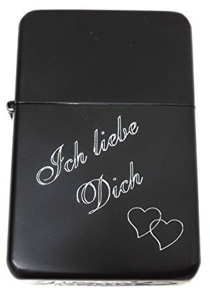 Sturmfeuerzeug/Benzinfeuerzeug matt/schwarz mit Gravur : Ich liebe Dich (auf Deutsch). Ohne Benzin