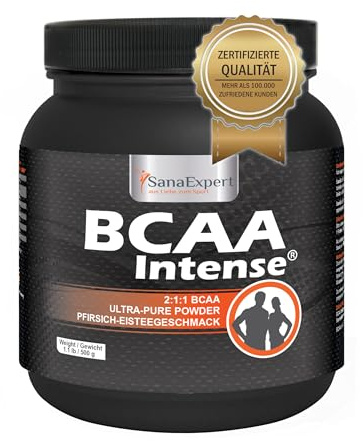 SanaExpert® BCAA Intense, Aminosäuren 2:1:1, L-Leucin, L-Valin und L-Isoleucin, Pulver für 38 Portionen Sportgetränk, Pfirsich-Eistee-Geschmack, 500 g