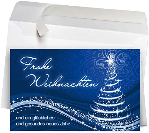 50 Premium Weihnachtskarten mit Umschlag Set für Firmen, hochwertige Klappkarten 19 x 12 cm groß, Weihnachtsbaum blau