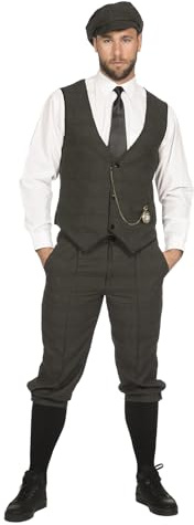 Costume des années 20 Knickerbocker pour homme - Gilet noir olive - Casquette plate - The Roaring Twenties 20's, Olive/noir., 50