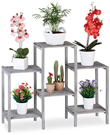 Relaxdays Blumentreppe Holz, Shabby Chic, Innenbereich, Wohnzimmer, Pflanzenregal, 6 Ablagen, HBT 70 x 89 x 27 cm, grau