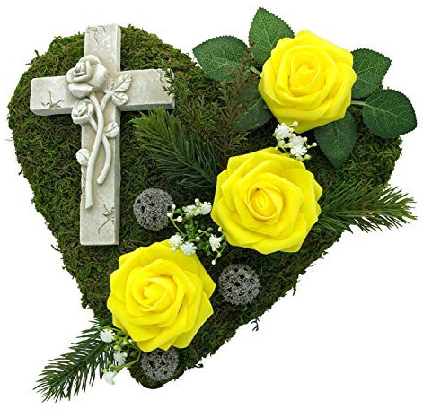 Grabgesteck Grabschmuck Grabaufleger Moosherz Grabherz Trauerherz Grab Herz Gesteck Rosen mit Kreuz (Rosen Gelb)