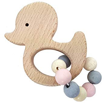 Hess Holzspielzeug 11111 - Greifling aus Holz mit kleiner Kugelkette, Nature Serie Ente in Rosa, für Babys ab 6 Monaten, handgefertigt, für Greifübungen und fröhlichen Spielspaß