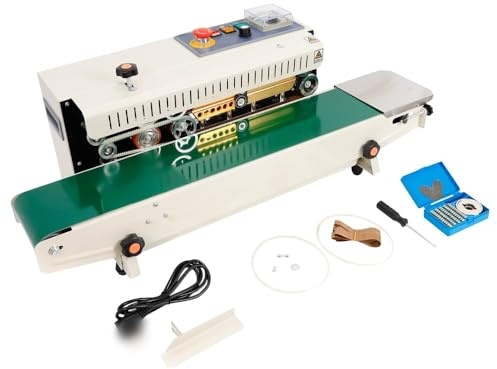 Continuous Sealing Machine FR-770 Automatic Horizontal Food Sealer Plastic Bag Band Sealing Sealer Machine, for Packaging and Sealing 6-12mm Sealing Width 0-18 m/min Sealing Speed Temperature 0-300℃