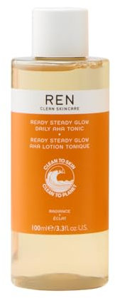 REN Ready Steady Glow Daily AHA Tonic, 100ml – Exfoliating Toner with Lactic Acid and Salicin, Brightens Skin, Reduces Pores and Fine Lines, Smooths Texture for an Even Complexion