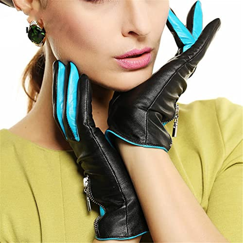 Schaffell-Handschuhe für Damen, Winter, modisch, warm, kurze Lederhandschuhe, Reißverschluss, Kontrastfarbe