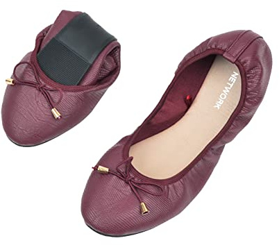 ERLINGO Ladies Roll up Shoes Foldable Ballet Flats with Bowknot Roll Up Ballet Pumps for Women Non Slip Fold Up Ballerina Dolly Shoes for Weddings and Parties Wine Red