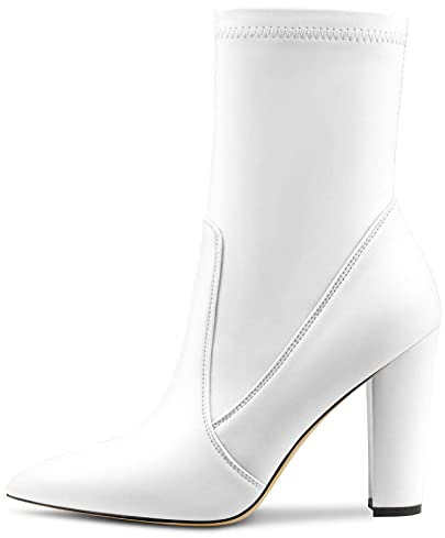 Castamere Donna Chunky Blocco Alto High Tacco Heel a Punta Stivaletti Cerniera Slip-on Cute Dress da Matrimonio Feste Stivali 10 CM Bianco Raso 42 EU