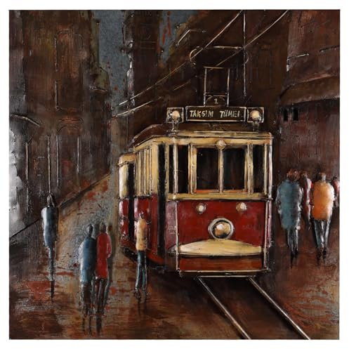 Wandbild Metallbild Relief Unikat Straßenbahn rot 3D Optik 80x80cm handgefertigt