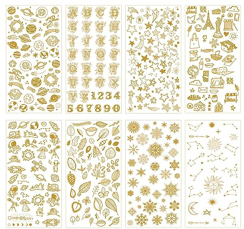 HLIWS 8 Blätter Gold Glitter selbstklebende Alphabet Sticker,für DIY Crafts | PVC, 8 Designs, goldfarben, selbstklebend,wasserfest,leicht abzuziehen und anzubringen,für Dekoration oder DIY-Bastelprojekte