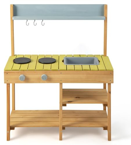 COSTWAY Mud Kitchen, Wooden Kids Play Kitchen with Removable Sink, Stove Top, Storage Shelves, Pretend Kitchen Playset for Boys and Girls 3+ (Green)