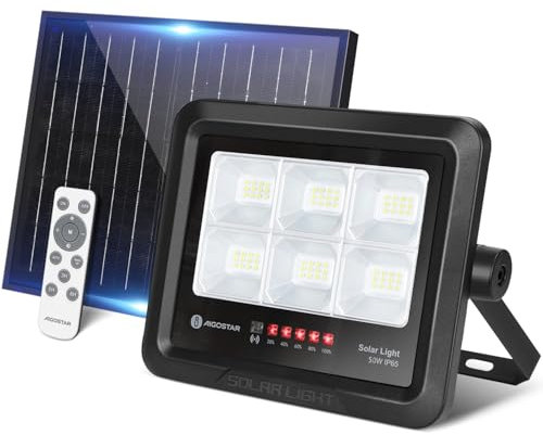 Aigostar Foco Proyector LED Solar con mando a distancia 50w, Blanco Frío 6500K, Foco Solar Exterior Impermeable IP65,Proyector LED Exterior con Brillo y Sincronización ajustables para Jardín,Garaje