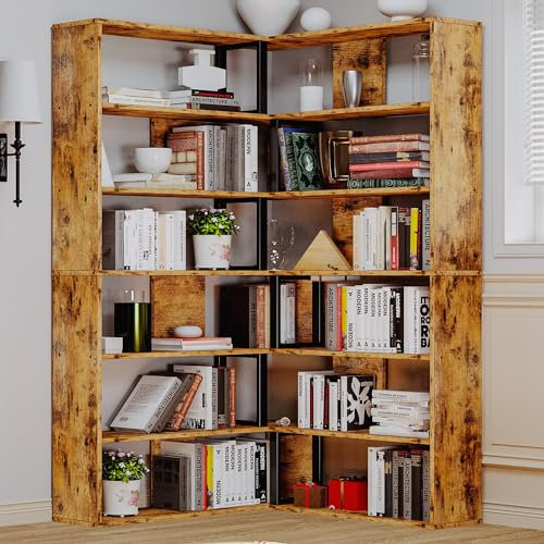 IRONCK Bookshelves 6-Tier with Industrial Large Corner Etagere Shelf Bookcases Display Storage Shelves for Home Office, Living Room, Bed Room, Vintage Brown