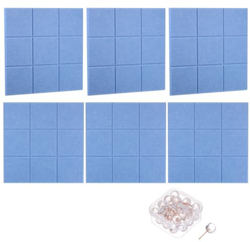 PATIKIL Filz Pinnwand Selbstklebend 6 Stück 30 x 30cm Strukturierte Quadratische Akustikpaneele mit 30 Reißzwecken Akustikplatten Memotafeln, Wanddekoration für Aufnahmestudio, Blau