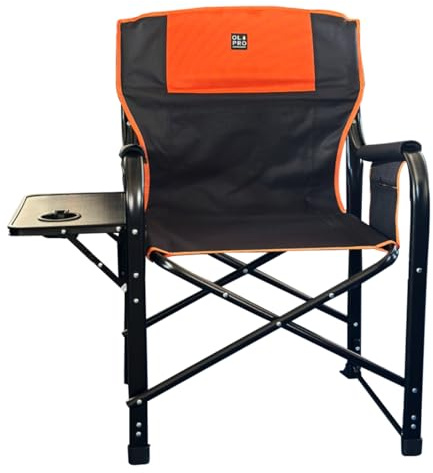 OLPRO Directors Camping Chair Orange & Black, Folding Outdoor Chair with Side Table, Built-In Cup Holder, Storage Organiser Pouch & Steel Frame, 120kg Capacity for Camping, Beach, Festivals & Garden