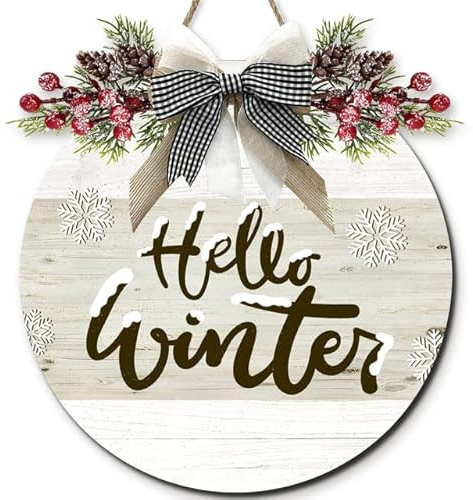 Horienteeon Holzschild mit Aufschrift Hello Winter für Haustür, Veranda, Winter-Willkommens-Bauernhaus-Türhänger für Außendekoration, rustikale Schneeflocken, Holzkranz, Wanddekoration, 30 cm