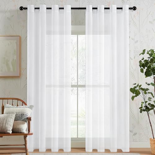 MRTREES White Sheer Curtains,Voile Net Curtains For Windows 84 Drop 2 Panels，Voile Eyelet Curtains For Bedroom Living Room Patio Door 52x84 Inch Drop 132cm x 214cm White