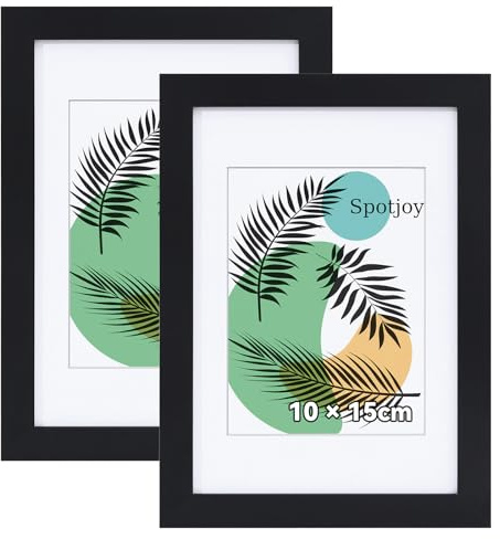 Spotjoy Bilderrahmen 2er Set 10x15 cm mit Passepartout | Holzrahmen Rahmen für Tisch- und Wandmontage Zertifikatsrahmen mit Acrylglas für Fotos, Poster, Porträts, Schwarz