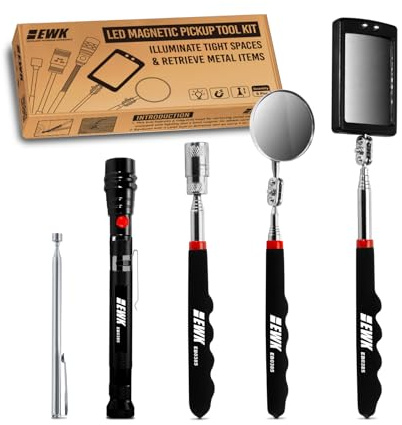 EWK 5 Pcs Telescoping Magnetic Pick Up Tool Kit with LED, Magnetic Sweepers with 1 to 8 lbs Pickup Rod, Extendable 360° Swivel Adjustable Inspection Mirror and Flexible LED Flashlight