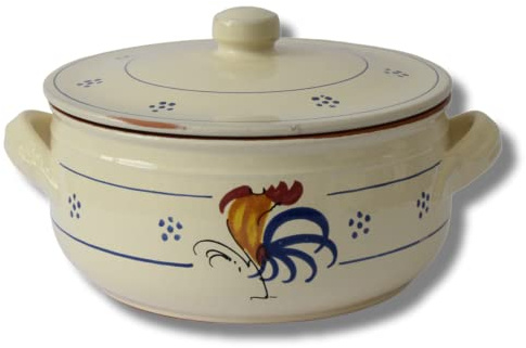 Colì Tegame in Terracotta con Coperchio, Artigianale, Disegno Gallo, Diametro 27 cm, Colore Beige