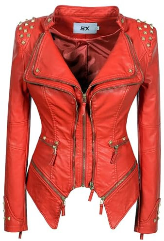 Rock88 Frauen Lederjacke Frühling Herbst Motorrad Fahrrad Mantel Metall Niet Büro Lange Sleeve Zipper Schlank Biker Outwear Gewaschen,Red,XL(Bust:109cm)