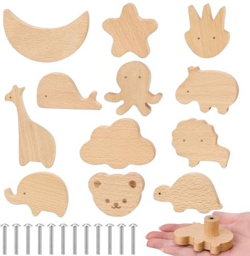 Hysagtek Knöpfe Kommode, 12 Stück Schrankknöpfe Holz, Verschiedene Tierformen Möbelknöpfe mit Schrauben, Kreative Dekoration Schubladengriffe für Kleiderschrank, Frisiertisch