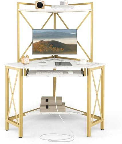 GIANTEX Hörnskrivbord med hylla, L-format arbetsbord, datorskrivbord med uttag, tangentbordsbricka, fallsäker defletor, utrymmesbesparande design (vit)
