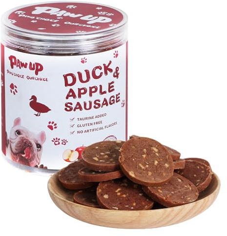 PAWUP Duck Jerky Dog Treats – Duck & Apple Sausage Slices, Training Treats with Taurine for Small, Medium & Large Dogs, 12.5 oz