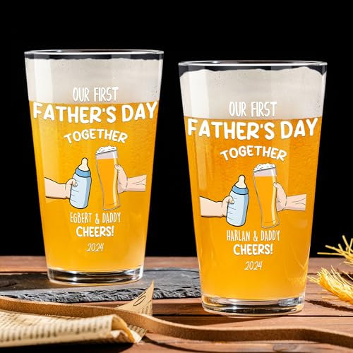 KEMEILA First Father’s Day Gift for Dad Men, Personalised 16oz Pint Beer Glass, Gift Idea for Him Beer Lover Father’s Day Gifts Christmas Birthday Gift