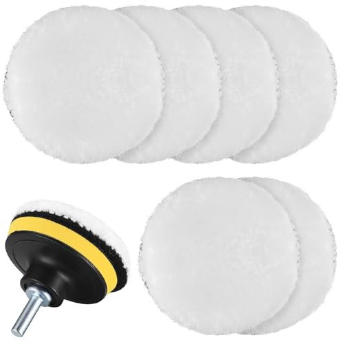 Auto Polierhauben, 9 Stk 4 Zoll Lammwollhaube, Auto Wolle Polierpads, Wolle Polierteller, Polierhaube Wollpad Polierfell Kit, für Auto Polierauto Poliermaschine Bohrmaschine, mit Bohrer Adapter