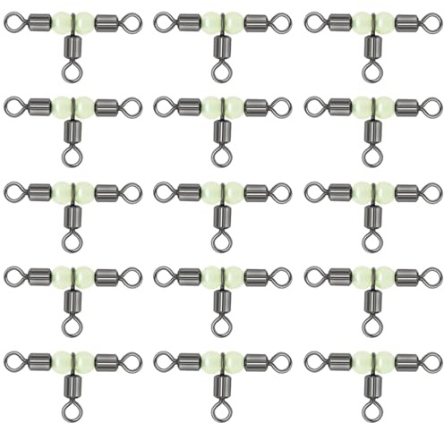 50 piezas de giratorios de 3 vías, giratorios de barril de línea cruzada en forma de T triple con cuentas luminosas, giratorios de rodamiento de bolas de pesca para aparejos conectores de pesca en mar