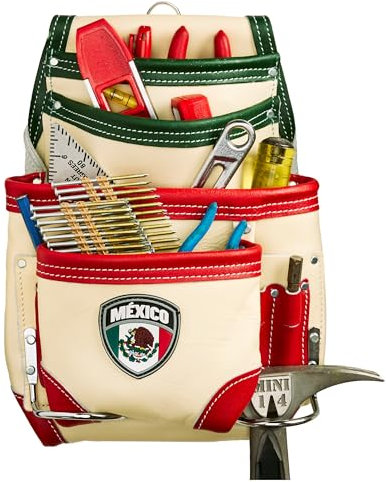 FESA Leather Carpenter Tool Pouch - 10-Pocket Heavy Top Grain Leather Carpenter Pouch with 2 Hammer Loops, Large & Small Pockets - Fits Work Belts up to 3 - Handcrafted (Country Themed: Mexico)