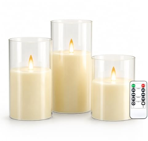 Kiexung LED-Kerzen, LED-Kerzen mit Fernbedienung und Timer, 3D-Docht batteriebetriebene Acrylsäulenkerzen, für romantische Atmosphäre und Wohnkultur, 3-teiliges Set (Elfenbeinfarben)