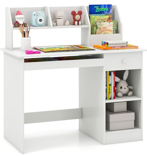GOPLUS Escritorio Infantil de Madera con Cajón, Mesa Juvenil con 4 Estantes Abiertos, Bandeja para Teclado, 3 en 1 Escritorio para Niños con Dispositivo Antivuelco, 90 x 45 x 90 cm (Blanco)