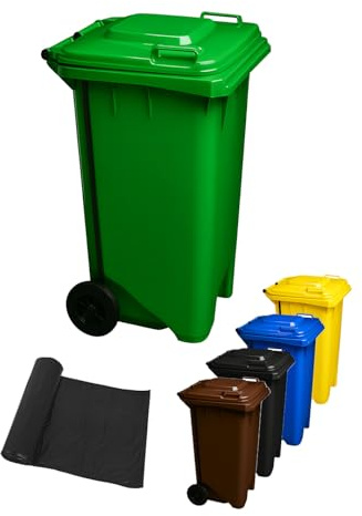 JARDIN202 - Cubo de Basura 120 Litros con Pedal y Ruedas | Contenedor Robusto HDPE | Exterior e industrial | 120 L + Bolsas (Verde)