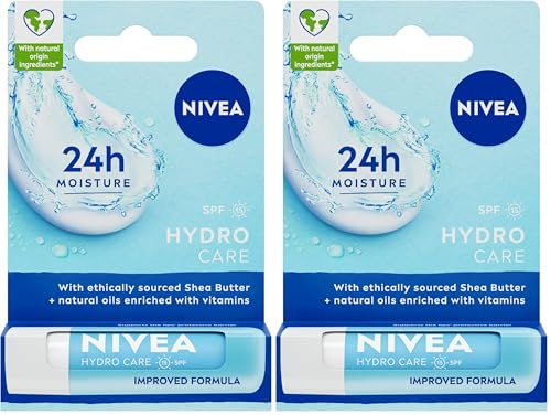 NIVEA Lip Balm Hydro Care with SPF 15 (4.8g), Hydrating Lip Balm with Shea Butter, Natural Oils and Vitamins, Provides 24 Hour Moisture and Protection, Lip Care, 1 unit (Pack of 2)